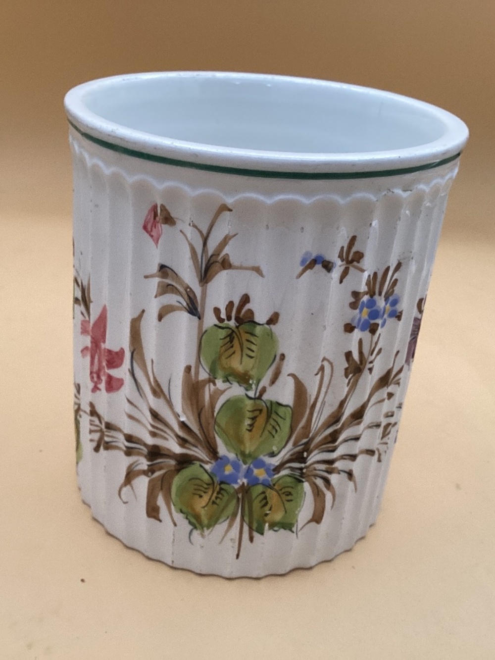 Vintage handpainted ribbed canister or jar made in Italy